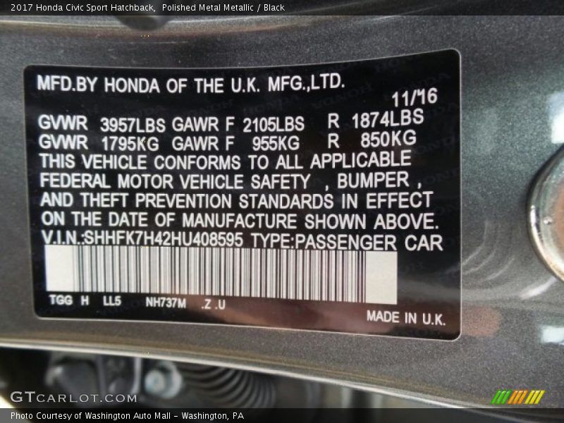 Polished Metal Metallic / Black 2017 Honda Civic Sport Hatchback