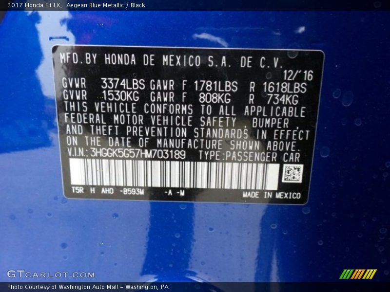 Aegean Blue Metallic / Black 2017 Honda Fit LX