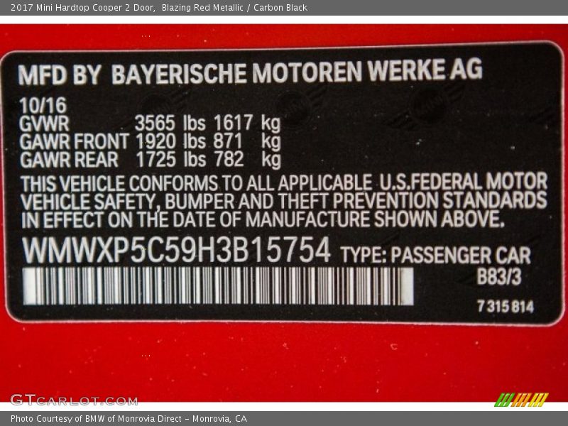 Blazing Red Metallic / Carbon Black 2017 Mini Hardtop Cooper 2 Door