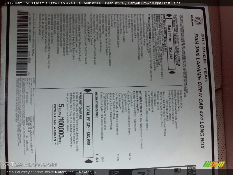  2017 3500 Laramie Crew Cab 4x4 Dual Rear Wheel Window Sticker