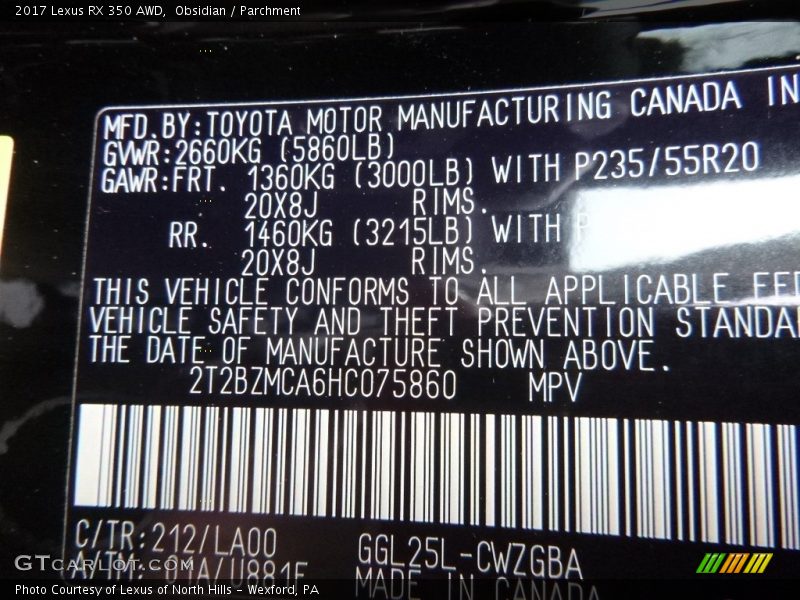 2017 RX 350 AWD Obsidian Color Code 212