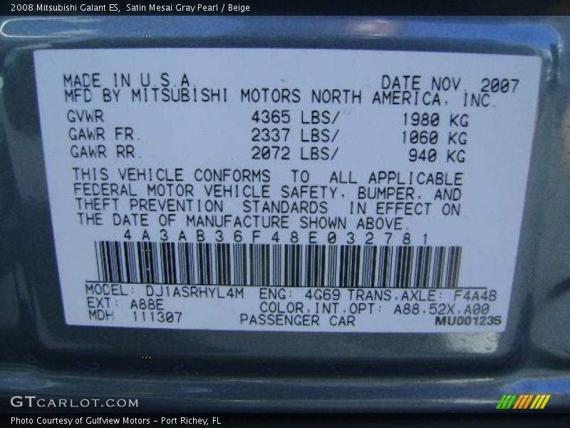 Satin Mesai Gray Pearl / Beige 2008 Mitsubishi Galant ES