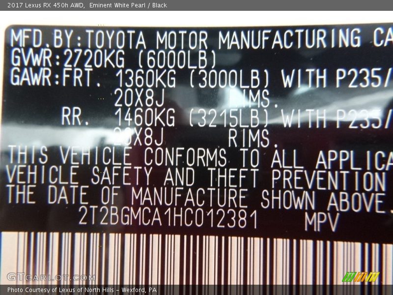 Eminent White Pearl / Black 2017 Lexus RX 450h AWD