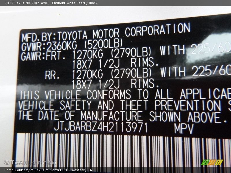 Eminent White Pearl / Black 2017 Lexus NX 200t AWD