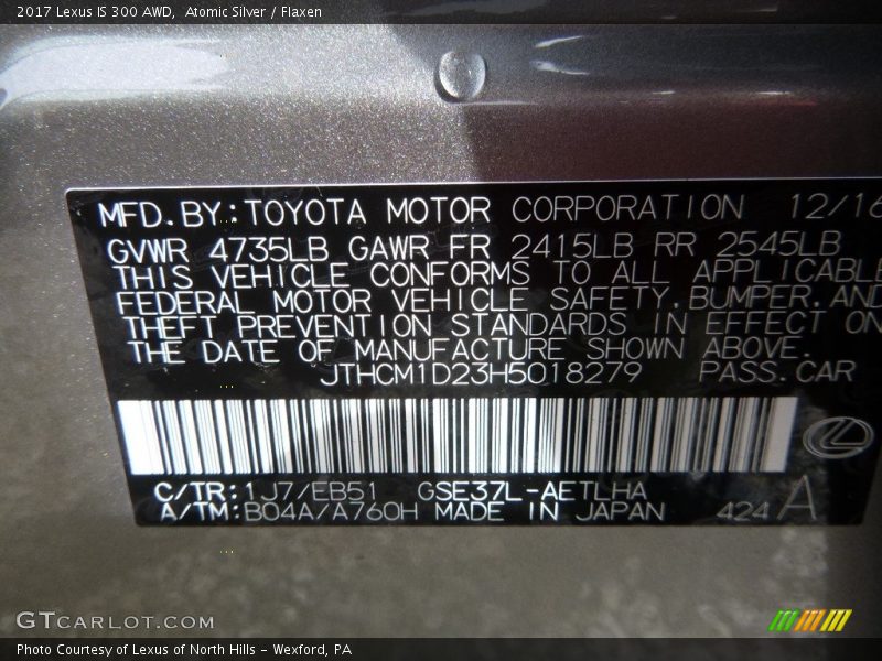 2017 IS 300 AWD Atomic Silver Color Code 1J7