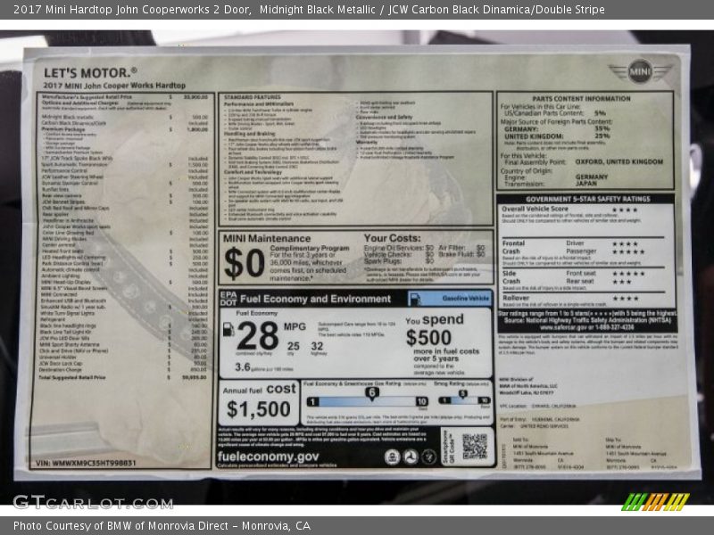  2017 Hardtop John Cooperworks 2 Door Window Sticker