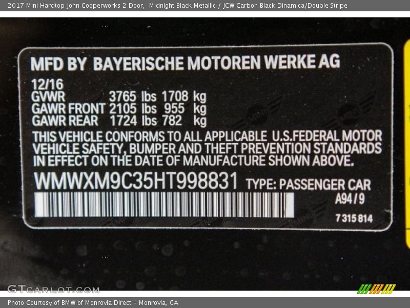 2017 Hardtop John Cooperworks 2 Door Midnight Black Metallic Color Code A94