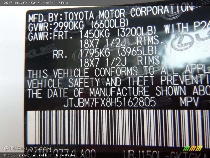 2017 GX 460 Starfire Pearl Color Code 077