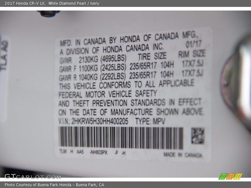 White Diamond Pearl / Ivory 2017 Honda CR-V LX