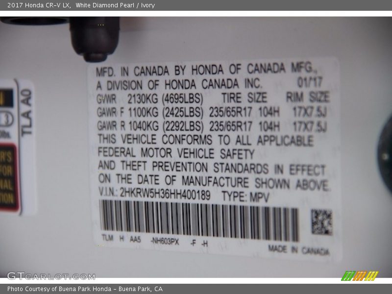 2017 CR-V LX White Diamond Pearl Color Code NH603PX