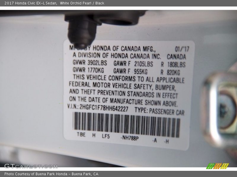 White Orchid Pearl / Black 2017 Honda Civic EX-L Sedan