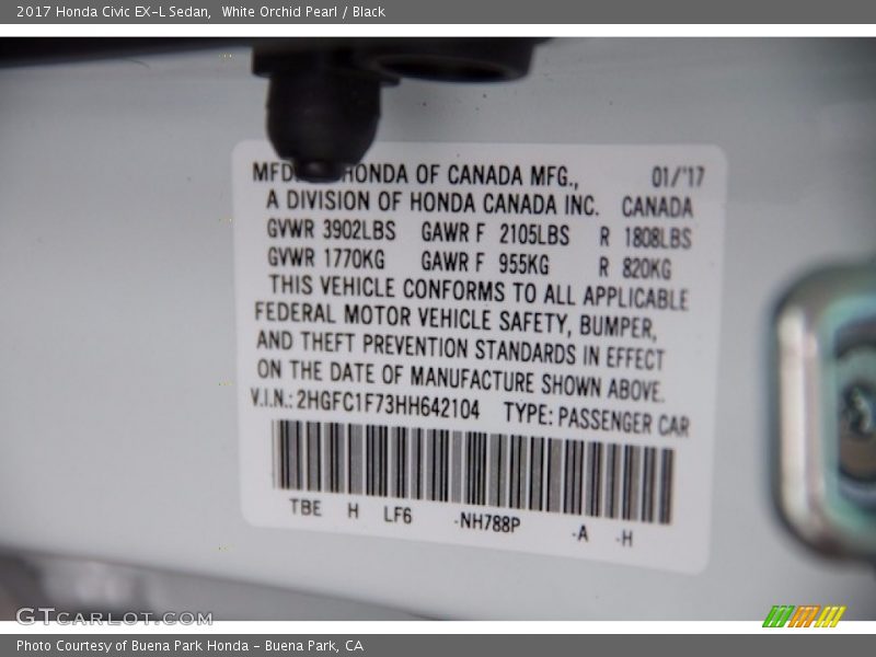 White Orchid Pearl / Black 2017 Honda Civic EX-L Sedan