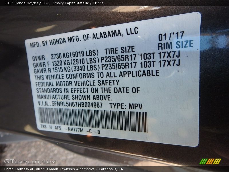 2017 Odyssey EX-L Smoky Topaz Metallic Color Code NH777M
