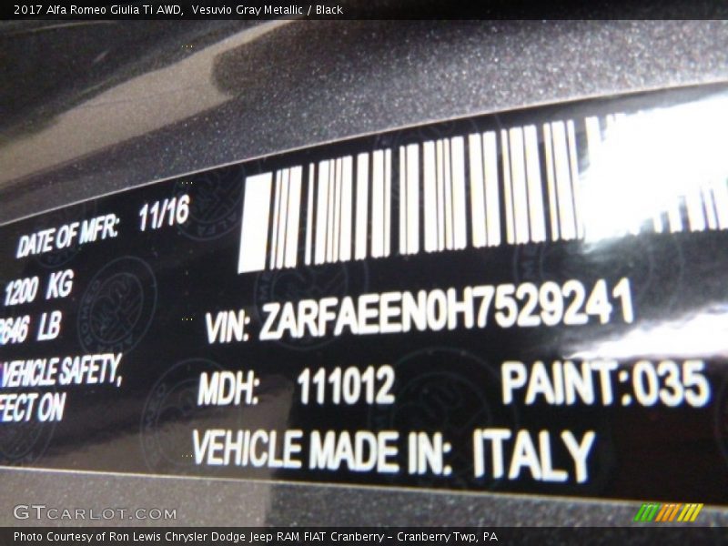 2017 Giulia Ti AWD Vesuvio Gray Metallic Color Code 035