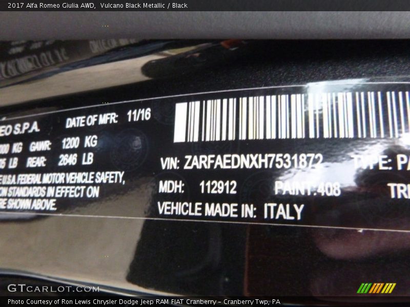 2017 Giulia AWD Vulcano Black Metallic Color Code 408