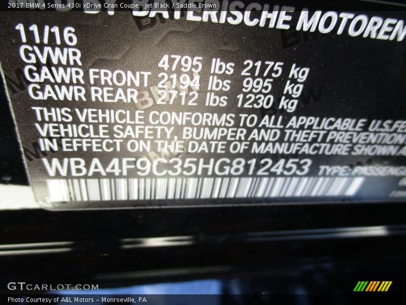 Jet Black / Saddle Brown 2017 BMW 4 Series 430i xDrive Gran Coupe