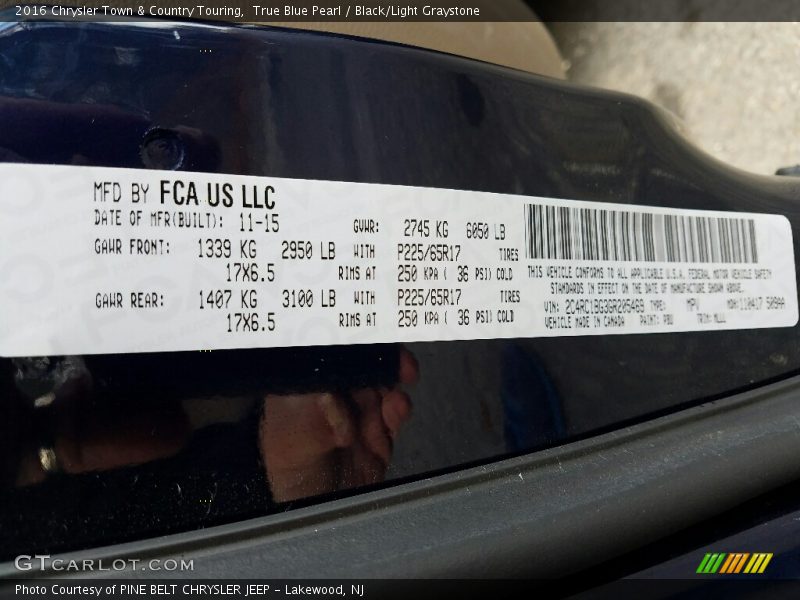 True Blue Pearl / Black/Light Graystone 2016 Chrysler Town & Country Touring