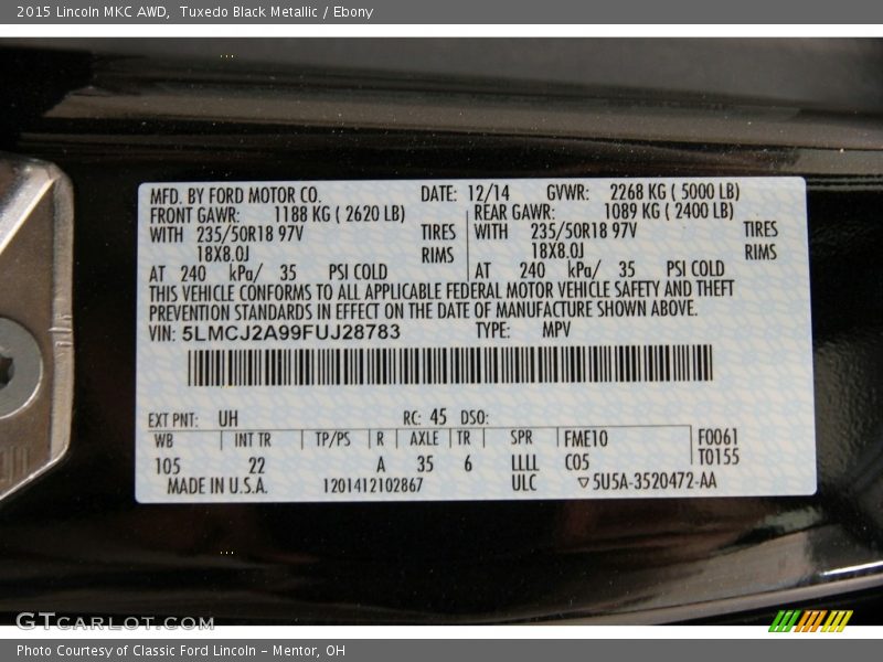 Tuxedo Black Metallic / Ebony 2015 Lincoln MKC AWD