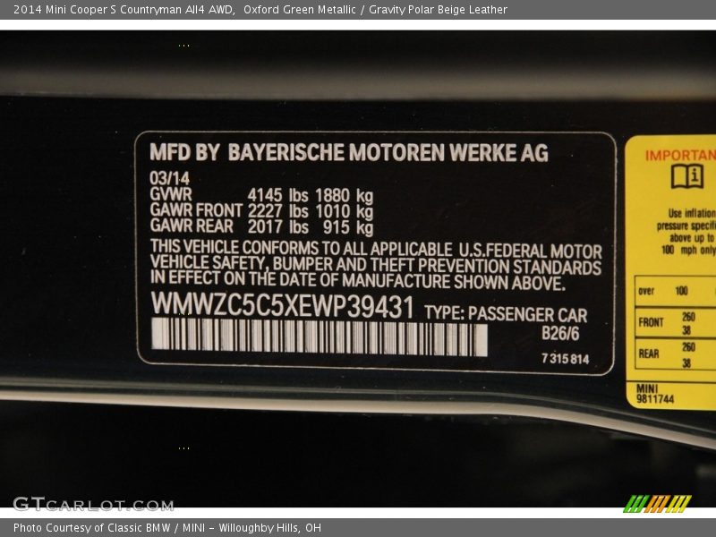 2014 Cooper S Countryman All4 AWD Oxford Green Metallic Color Code B26