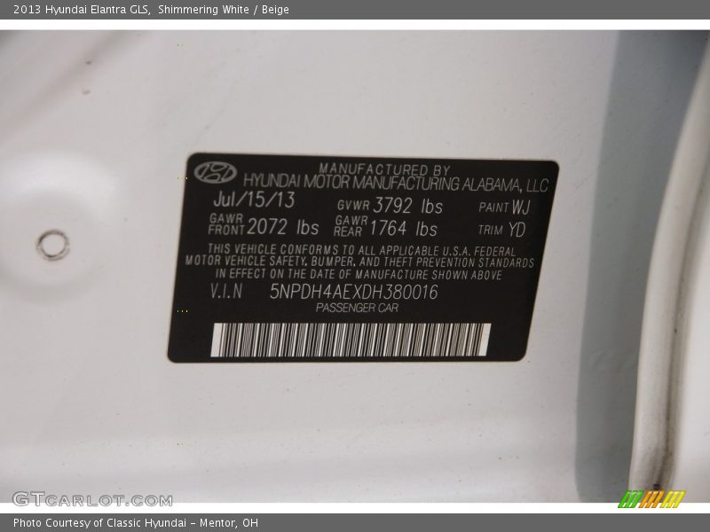 Shimmering White / Beige 2013 Hyundai Elantra GLS