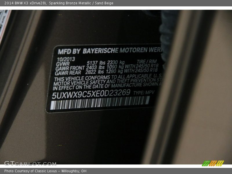 Sparkling Bronze Metallic / Sand Beige 2014 BMW X3 xDrive28i