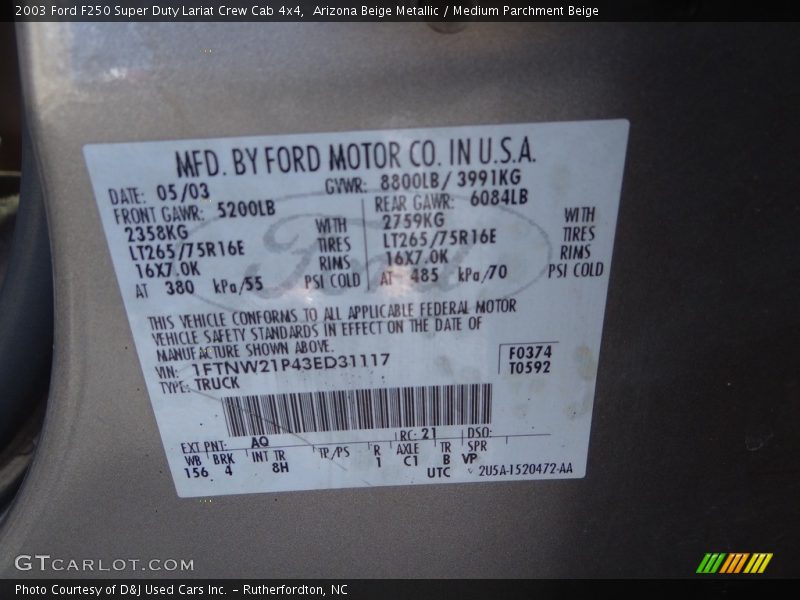 Arizona Beige Metallic / Medium Parchment Beige 2003 Ford F250 Super Duty Lariat Crew Cab 4x4