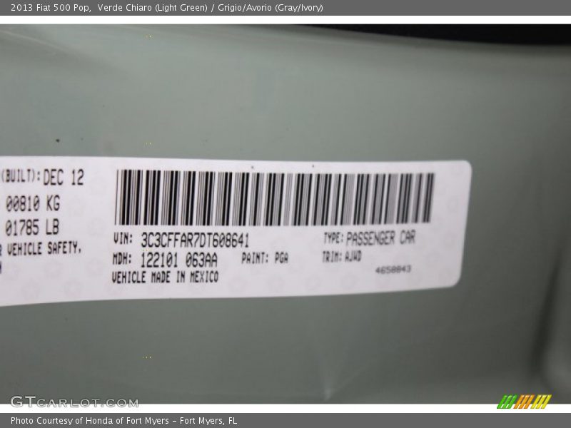 Verde Chiaro (Light Green) / Grigio/Avorio (Gray/Ivory) 2013 Fiat 500 Pop