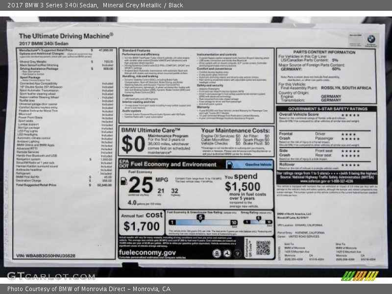 Mineral Grey Metallic / Black 2017 BMW 3 Series 340i Sedan