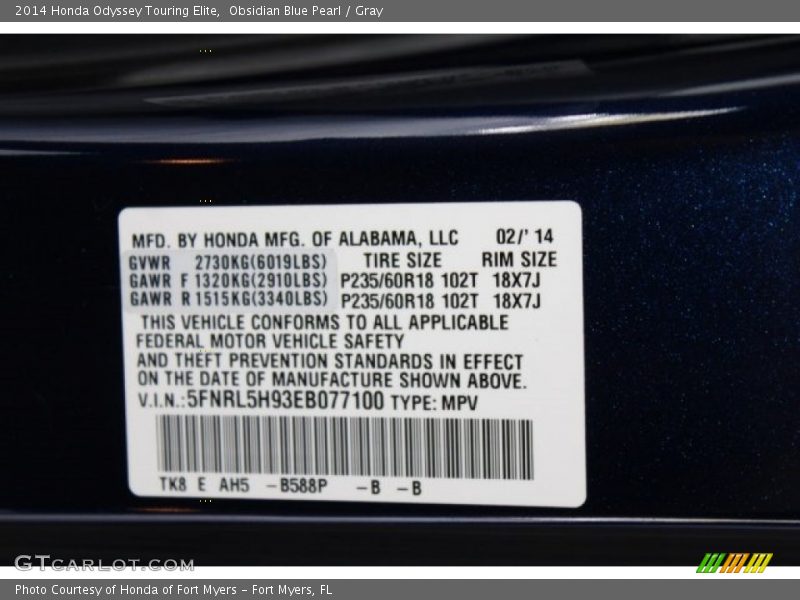 Obsidian Blue Pearl / Gray 2014 Honda Odyssey Touring Elite