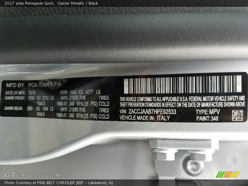 2017 Renegade Sport Glacier Metallic Color Code 348