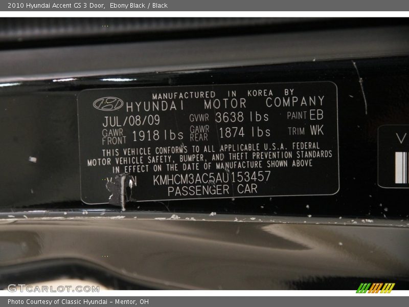 Ebony Black / Black 2010 Hyundai Accent GS 3 Door