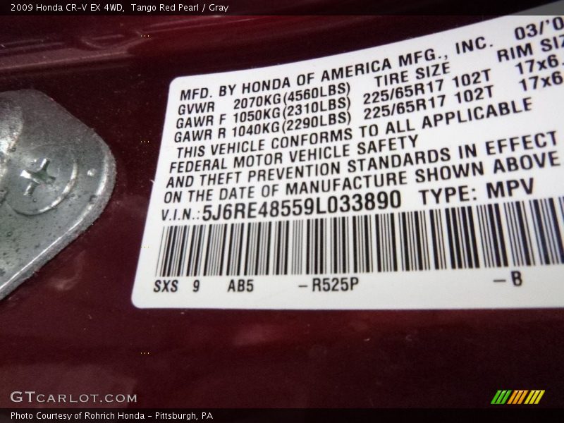 Tango Red Pearl / Gray 2009 Honda CR-V EX 4WD