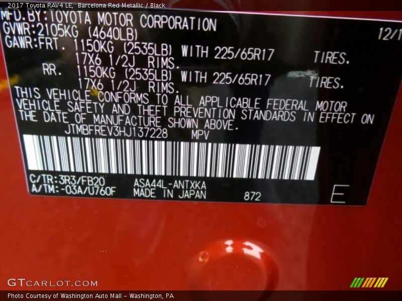 Barcelona Red Metallic / Black 2017 Toyota RAV4 LE