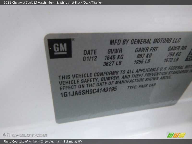 Summit White / Jet Black/Dark Titanium 2012 Chevrolet Sonic LS Hatch