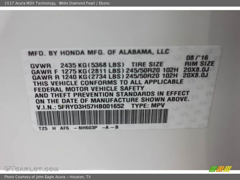 White Diamond Pearl / Ebony 2017 Acura MDX Technology