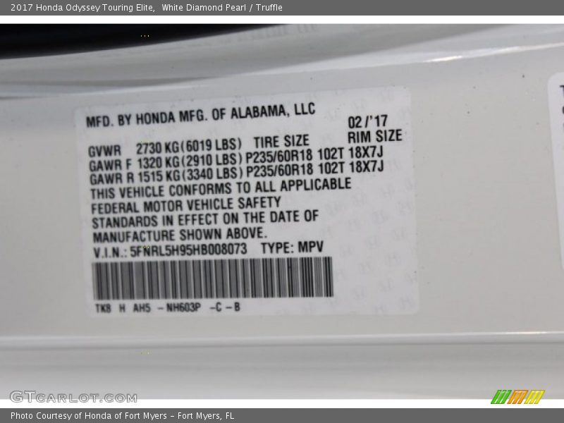 2017 Odyssey Touring Elite White Diamond Pearl Color Code NH603P