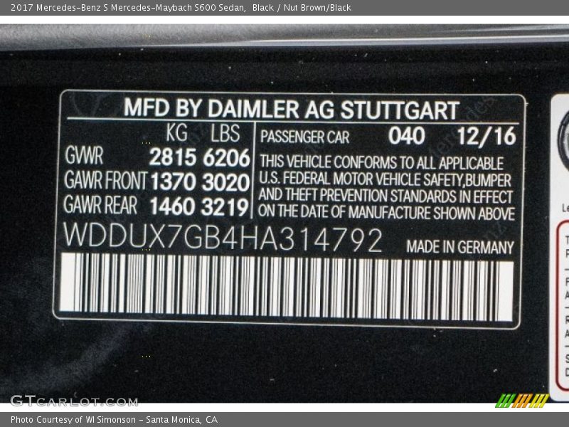 2017 S Mercedes-Maybach S600 Sedan Black Color Code 040