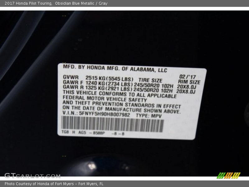 Obsidian Blue Metallic / Gray 2017 Honda Pilot Touring