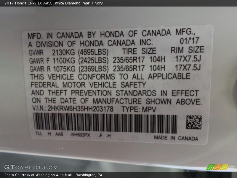 White Diamond Pearl / Ivory 2017 Honda CR-V LX AWD