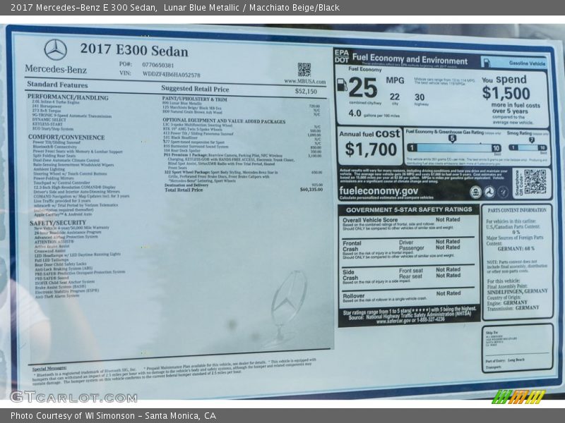 Lunar Blue Metallic / Macchiato Beige/Black 2017 Mercedes-Benz E 300 Sedan