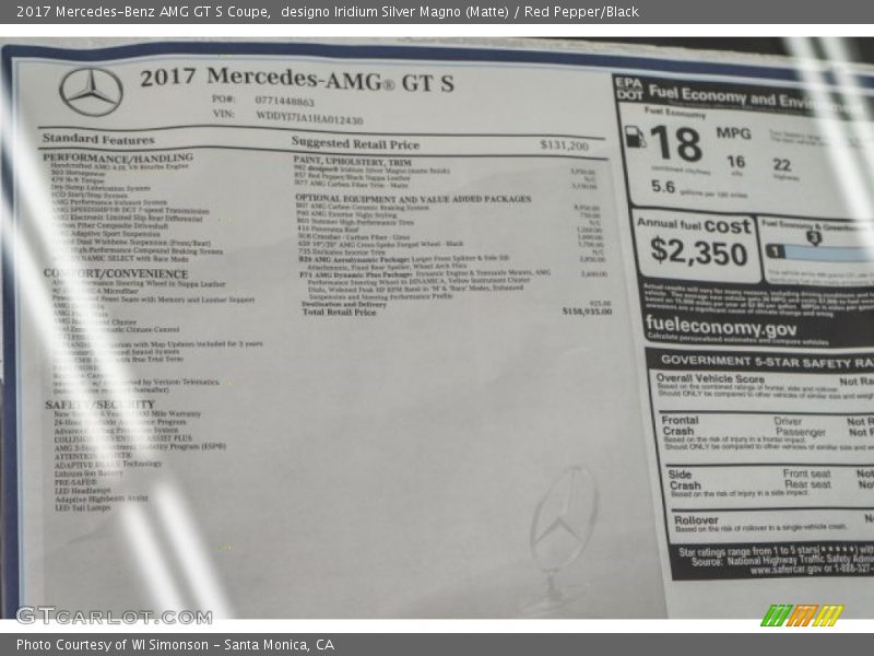 designo Iridium Silver Magno (Matte) / Red Pepper/Black 2017 Mercedes-Benz AMG GT S Coupe