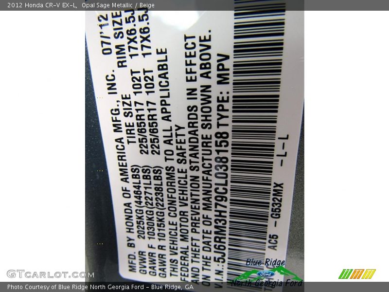 Opal Sage Metallic / Beige 2012 Honda CR-V EX-L
