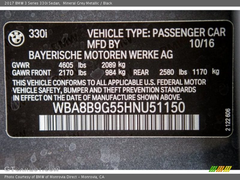Mineral Grey Metallic / Black 2017 BMW 3 Series 330i Sedan