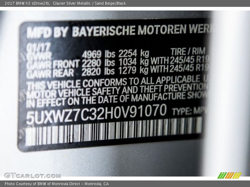 Glacier Silver Metallic / Sand Beige/Black 2017 BMW X3 sDrive28i
