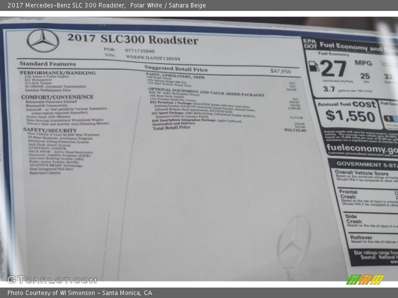  2017 SLC 300 Roadster Window Sticker