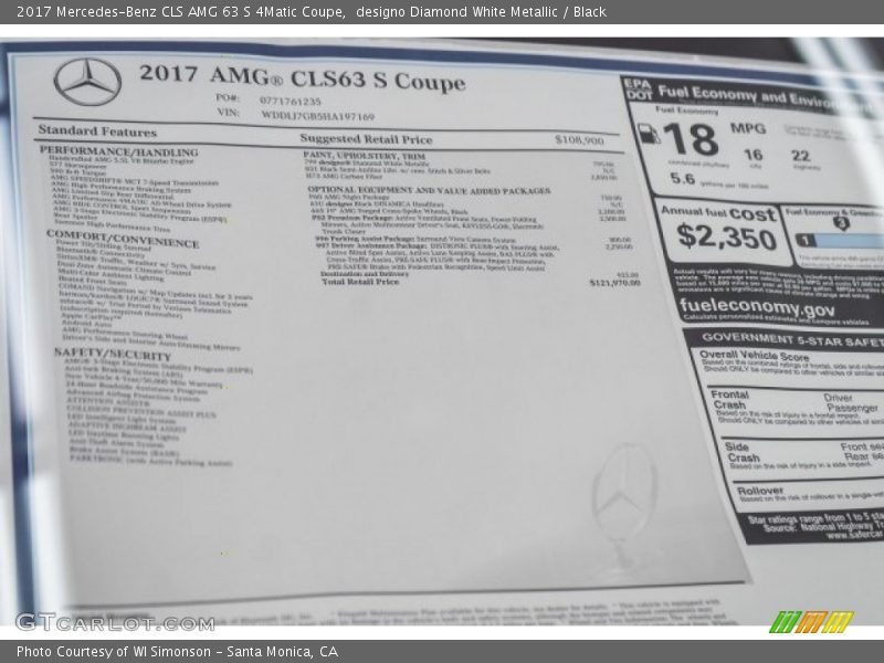  2017 CLS AMG 63 S 4Matic Coupe Window Sticker