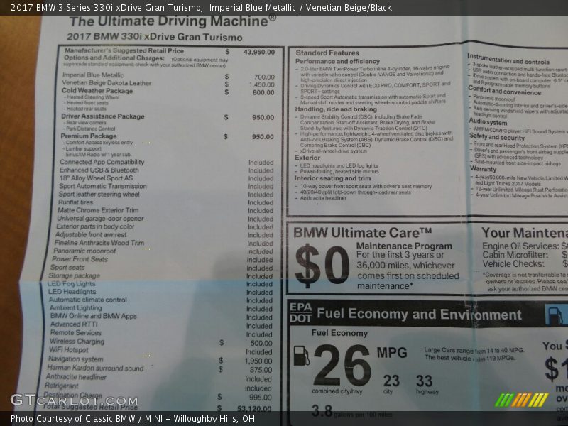  2017 3 Series 330i xDrive Gran Turismo Window Sticker