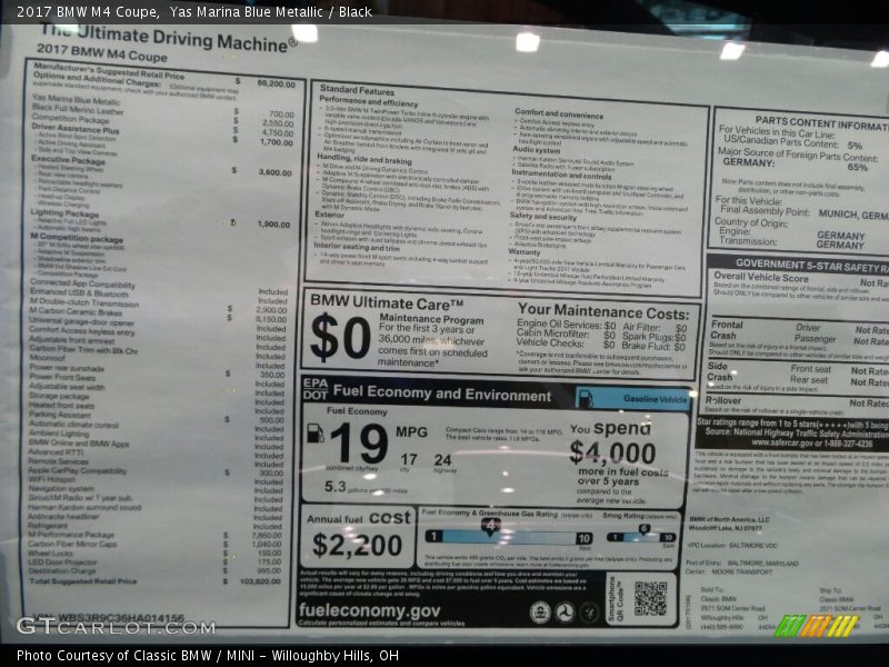  2017 M4 Coupe Window Sticker