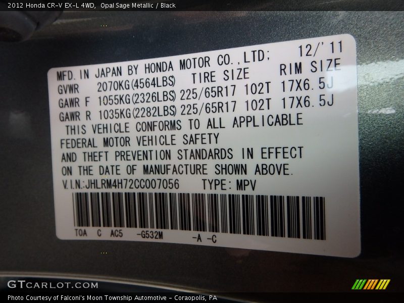 Opal Sage Metallic / Black 2012 Honda CR-V EX-L 4WD