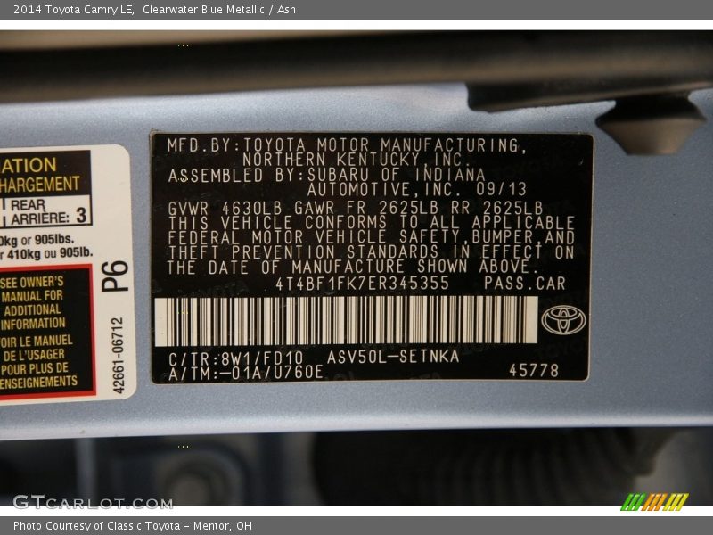 Clearwater Blue Metallic / Ash 2014 Toyota Camry LE